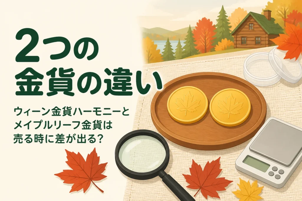 ウィーン金貨ハーモニーとメイプルリーフ金貨の違いを表したアイキャッチ
